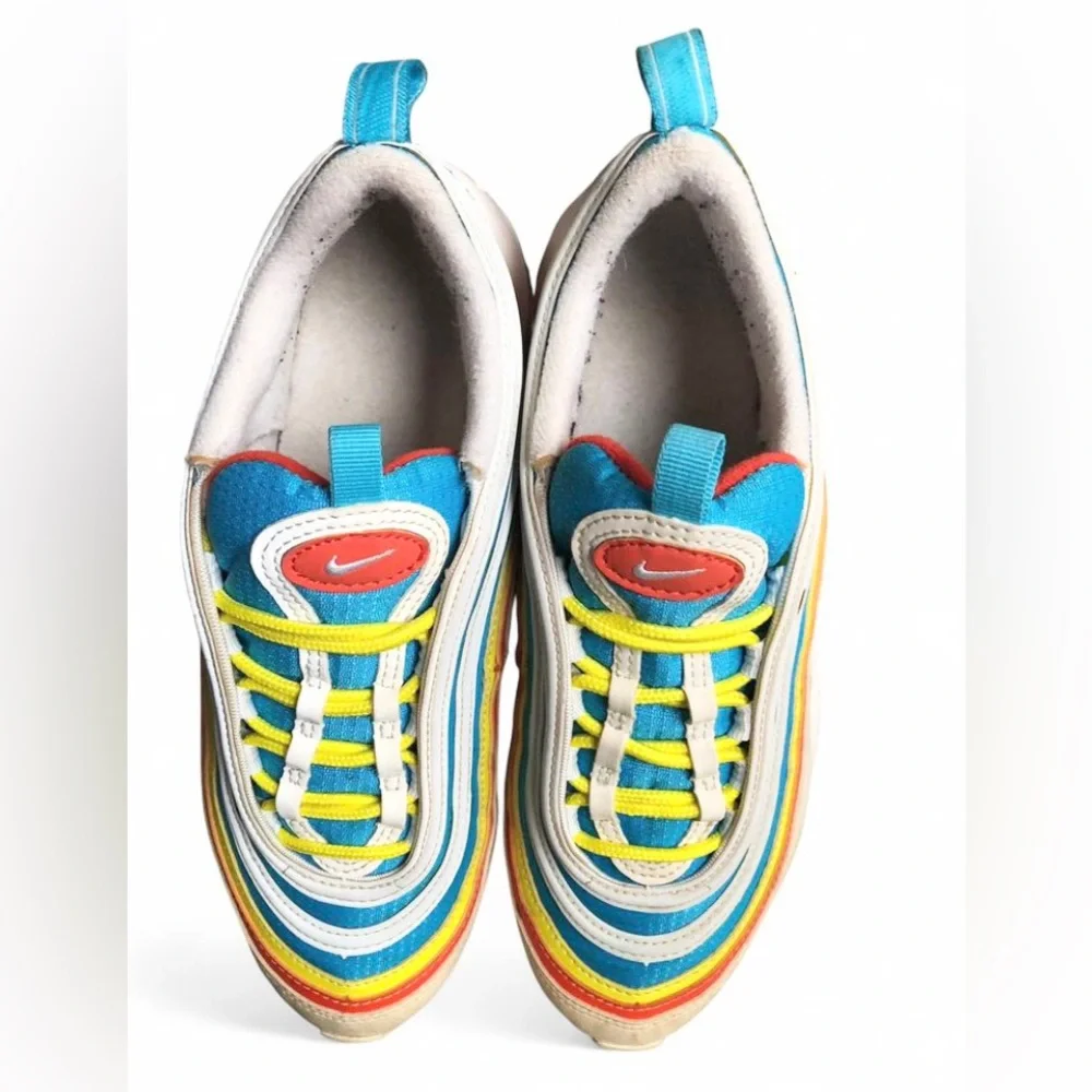 Nike Air Max 97 Shoes Youth Size 5Y White Blue Red Yellow GS Retro Running.